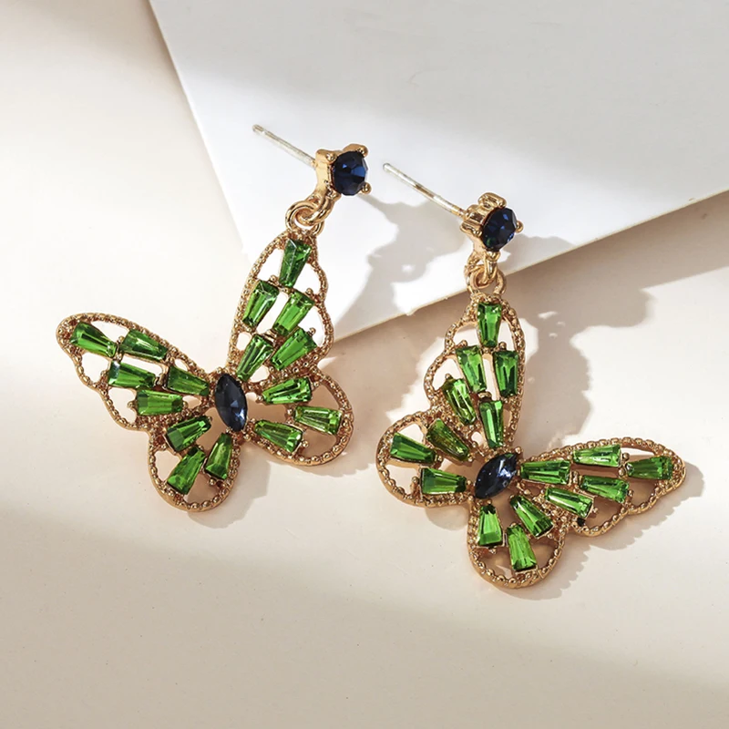 

2021 New Luxury Trendy Green Zircon Butterfly Dangle Earrings For Women Statement Gold Color Female Drop Jewelry Birthstone Gift