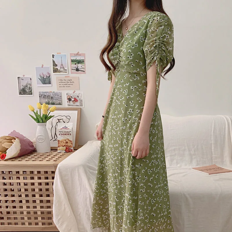 Vestido de verano de una pieza estilo coreano, informal, Vintage, de gasa, con cuello en V, Floral, 2021