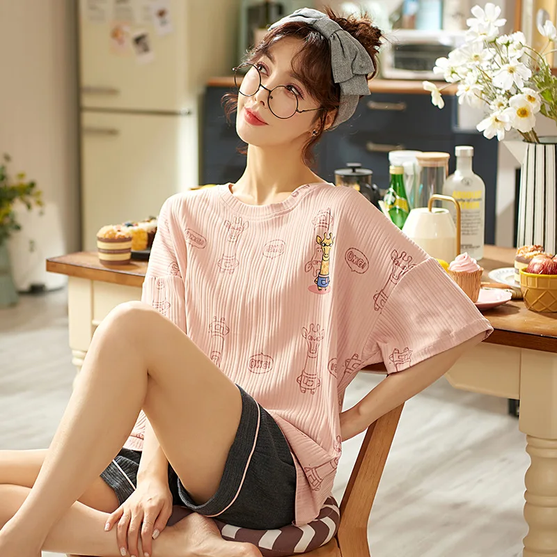 

Simple Sleepwear Pyjamas Women's Pajamas Cotton Short Sleeve Ladies Pijama Sets Homewear Cute Cartoon Lounge Wear Summer