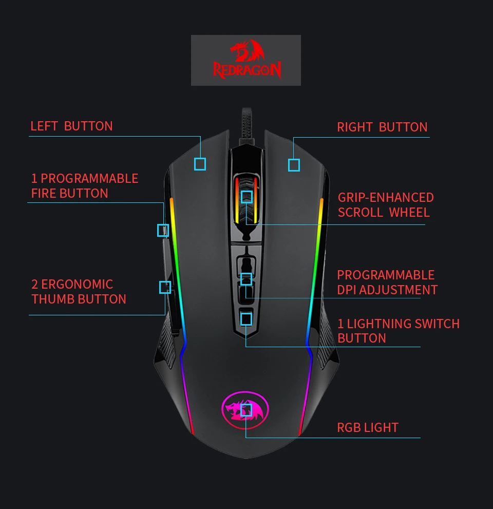Игровая мышь Redragon M910 Chroma, высокоточная программируемая мышь с режимами RGB подсветки, настраиваемая до 12400 dpi