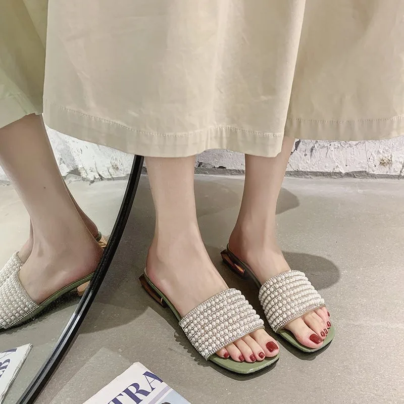 

Low Shoes Woman 2021 Rubber Flip Flops Slippers Soft Luxury Slides Pantofle String Bead Lady Square heel Hawaiian Comfort Summer