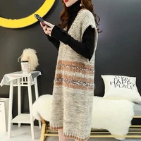 Women Sleeveless V-neck Knitted Dress Contrast Color Stripes Loose Pullover