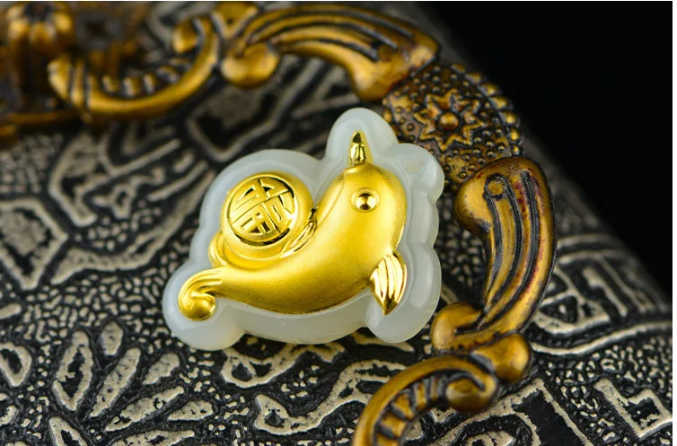 

Natural Chinese Hetian White Jade Mosaic Gold Pendant Dolphin Jewellery Necklace Carved Fashion Charm for Men Women Amulet Gifts
