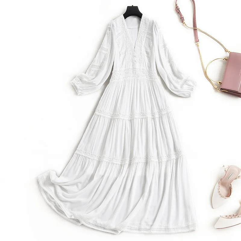 

2021 New women spring summer white dress lantern sleeve floral embroidery lace trim V-neck sexy casual holiday long dresses