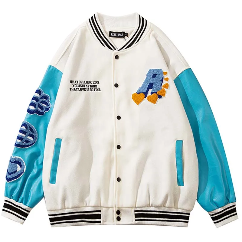 

Men's Letter Embroidery Baseball Jackets Vintage Patchwork Varsity Jacket Oversize V-neck Color Block PU Leather Coat Streetwear