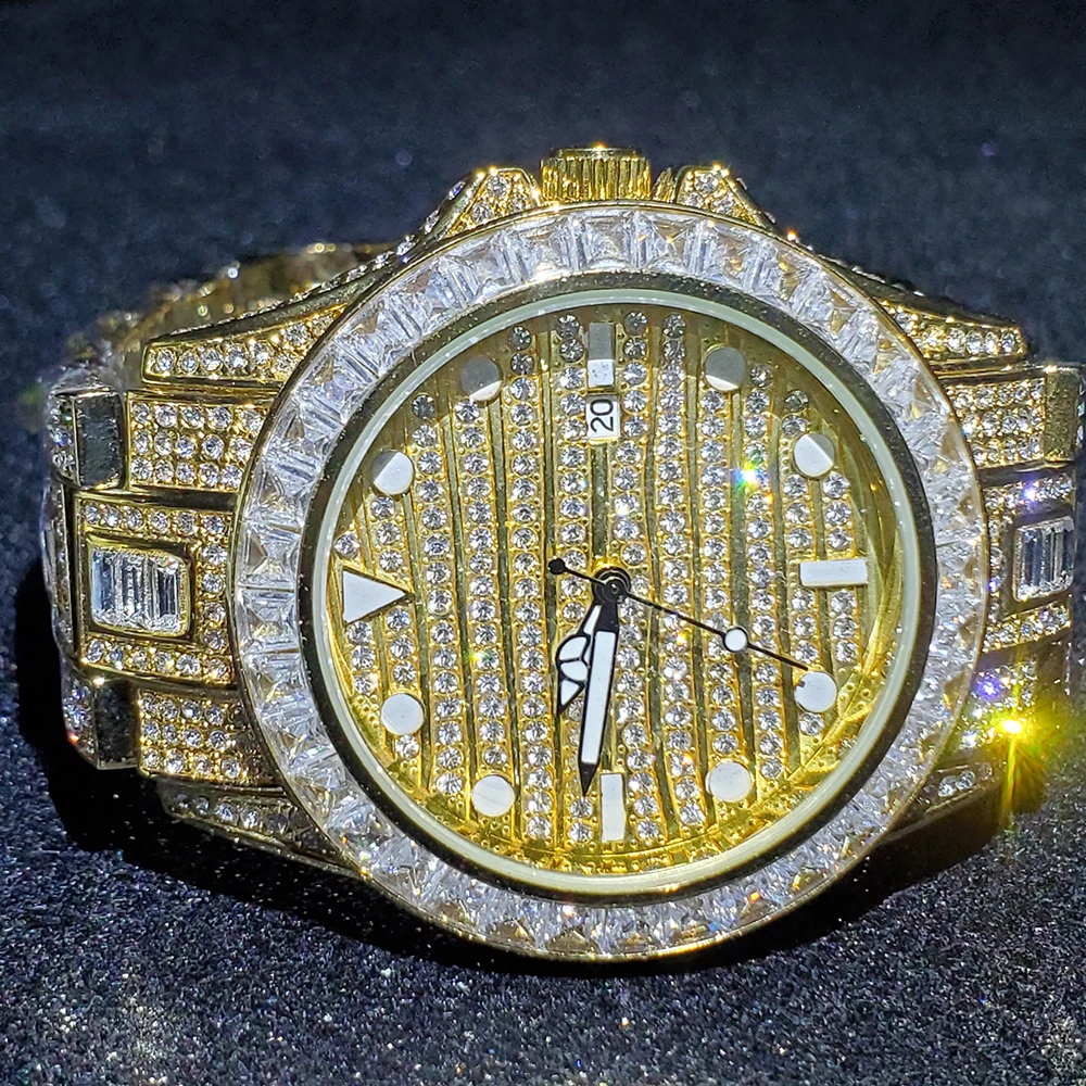 

Hip Hop MISSFOX Rolexable Datejust Iced Out Diamond Watch Men Gold Mens Watches Quartz Luxury Brand Waterproof Male Buss Down