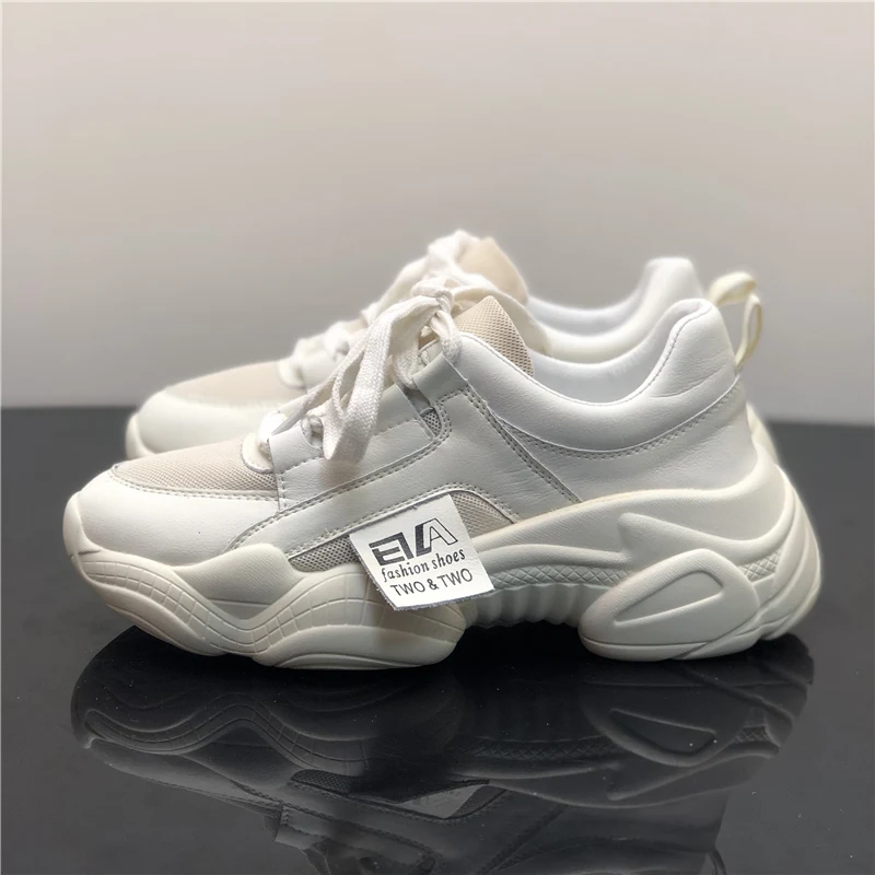 

TimalinaLeather Sneakers Women Fashion Thick Bottom Sport Running Shoes 2020 Spring/Autumn Round Head Lace Casual Shoes
