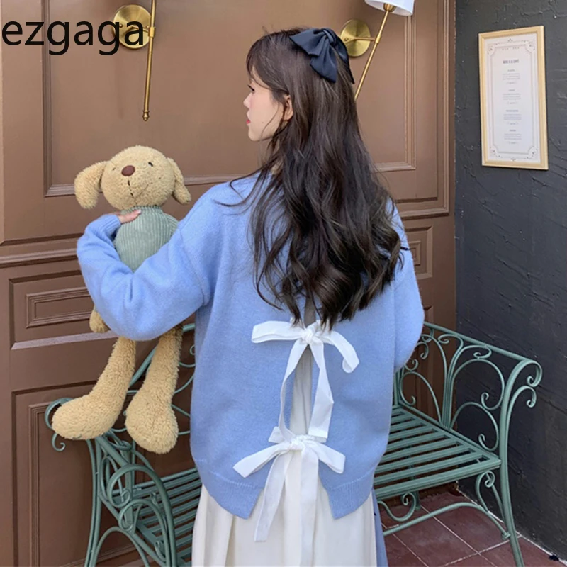 Ezgaga Sweet Bow Ribbon Sweater Women Long Sleeve Outwear Backless 2021 Autumn Loose Elegant Knitted Pullover Girl Jumper Chic | Женская