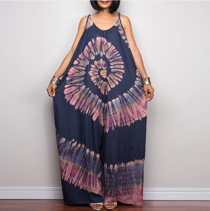 

Tie Dye Women's Plus size Wide Leg Jumpsuits Summer Ladies Sleeveless Sling Jumpsuit Female Casual Print Loose Rompers