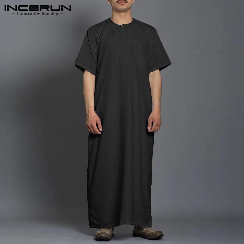 Men Fashion Long Robes Short Sleeve Round Neck Robe Man Vintage Solid Color Muslim Kaftan Long Shirts Casual Jubba Thobe INCERUN