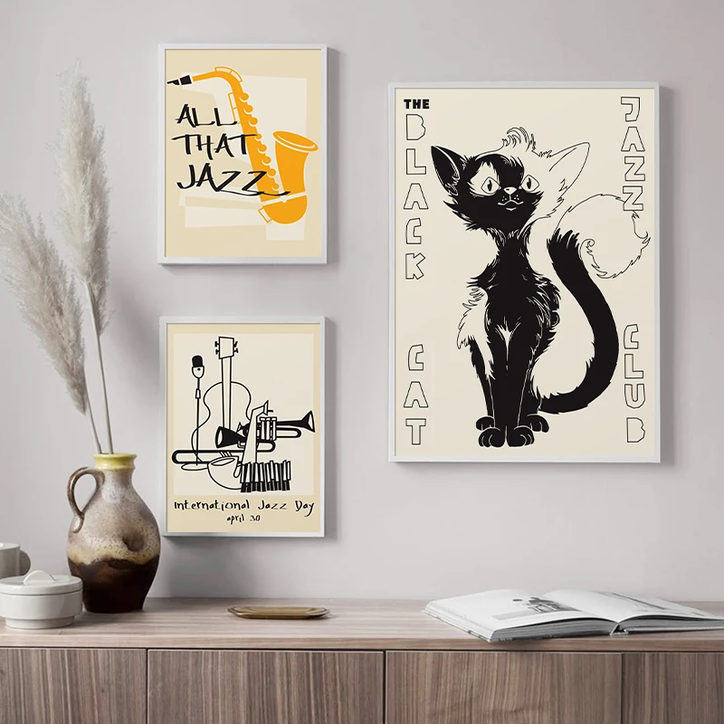 

Black Cat Jazz Club Vintage Poster HD Print Nursery Wall Art Canvas Painting Decorative Picture Retro Home Decor for Living Room