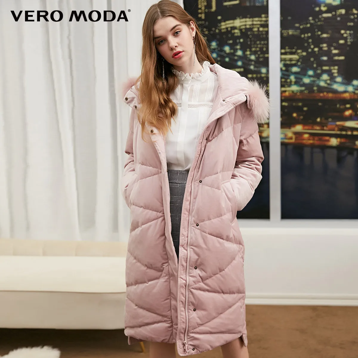 Vero Moda женский контрастный длинный толстый пуховик с капюшоном из меха енота | 318312508