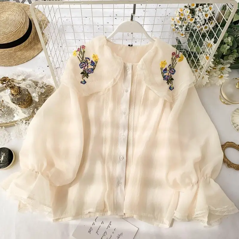 Женская блузка с цветочной вышивкой в стиле преппи рубашка одежда блузки длинным
