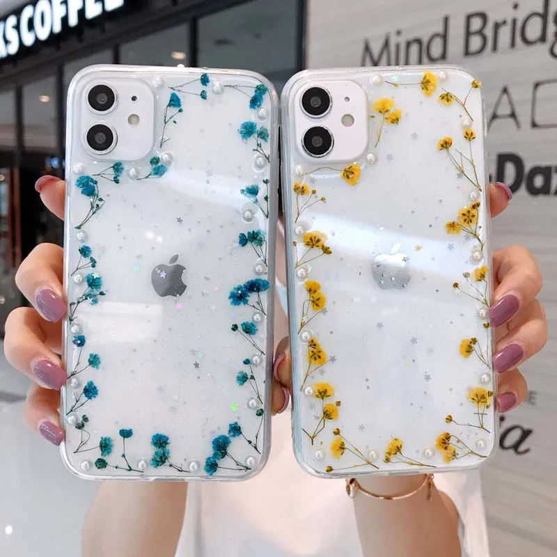 

Pearl star Real Dried Flowers Transparent Phone case For iphone 12 11 pro Max XS Max XR X 7 8 plus SE 2 Soft Silicone Back Cover
