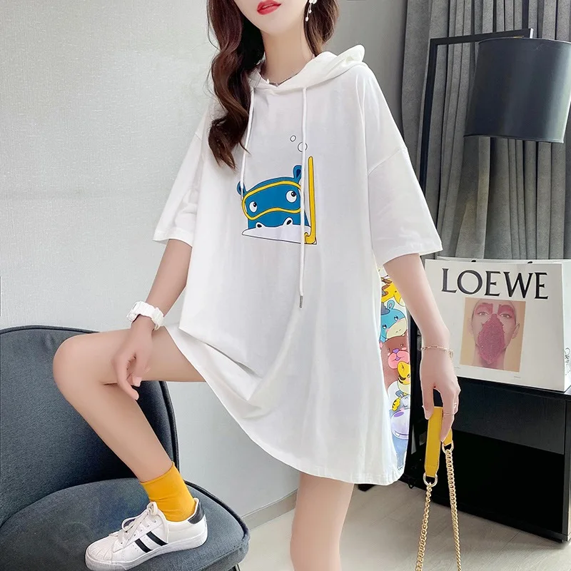 

Fashion Women T-Shirts 2021 Summer Blouse Hooded Long Length Loose Tops Casual Plus Size Women Shirt Female Clothes Ladies Top