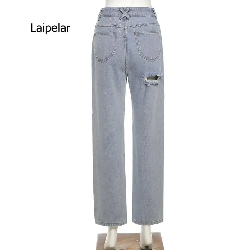 

New Women's Wear Fashion Casual 2021 New Summer Wash Hole Straight Tube Jeans Pants