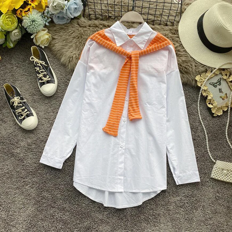 Женская блузка из двух предметов белая однотонная с длинным рукавом офисная