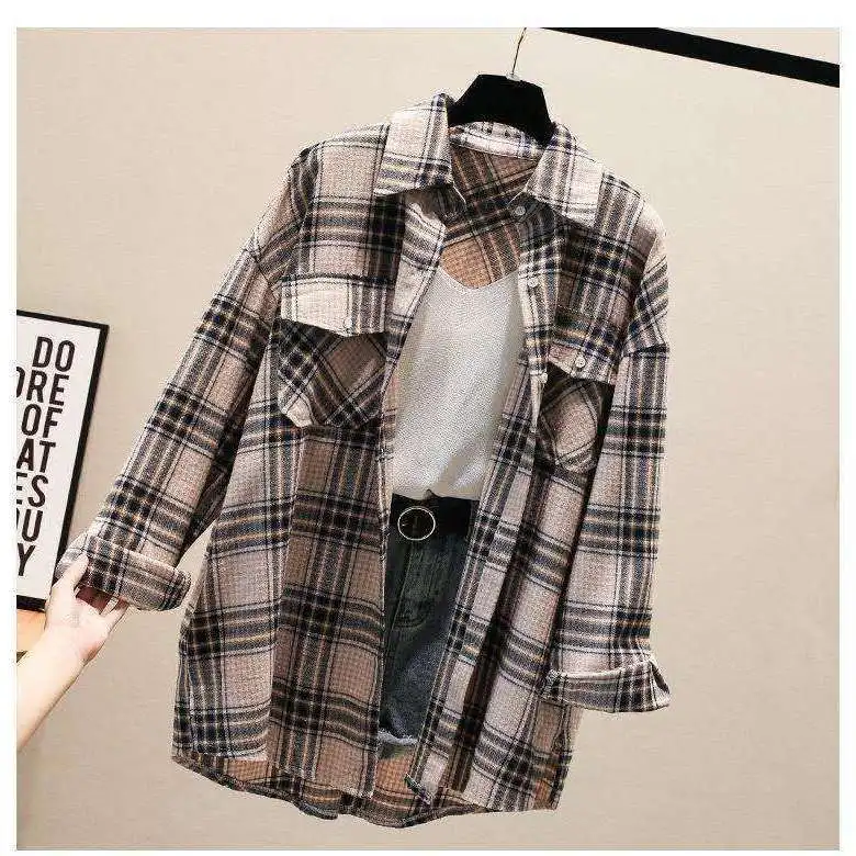Рубашка женская в клетку с длинным рукавом Свободное пальто большие размеры