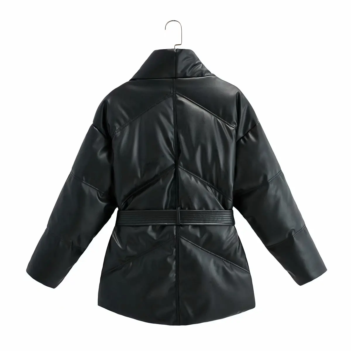 

2021 New Fashion Women Winter Vintage Black Thick Warm Faux Leather Parkas Female Elegant PU Zipper Belt Padded Jacket Overcoats