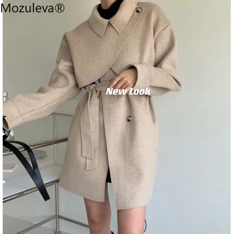 Женское шерстяное пальто на шнуровке с поясом Осень-зима | Женская одежда