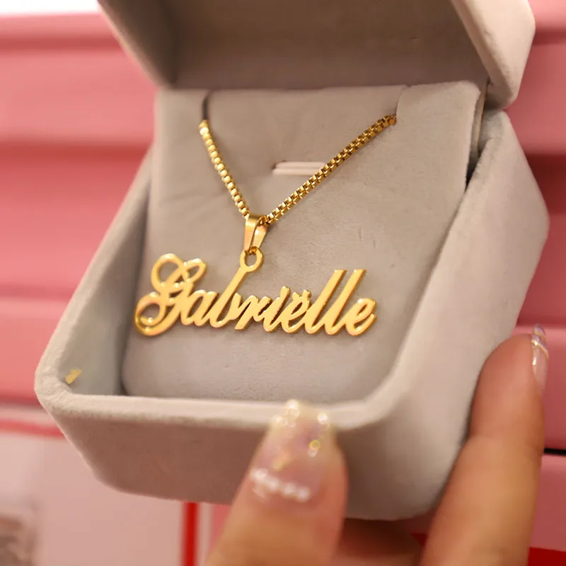 

Custom Jewelry Gold Box Chain Personalized Name Pendant Necklace Handmade Cursive Nameplate Choker Women Men Bijoux BFF Gift