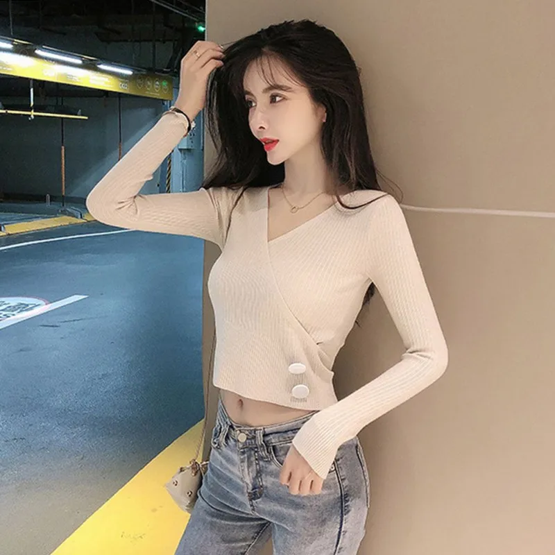 

Women Autumn Winter Solid Color Slim Long-Sleeved V Collar Slim Bottom Knit Sweater