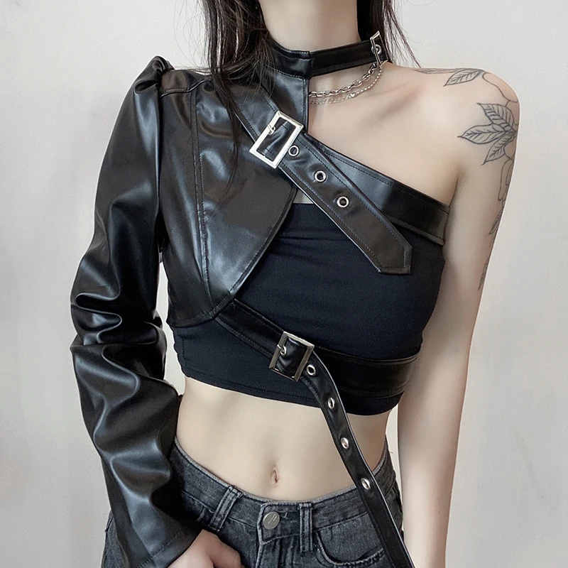 wsevypo Cool Black PU Faux Leather Crop Tops Women Metal Buttons One Shoulder Halter T-Shirt Punk Streetwear Gothic Outwear