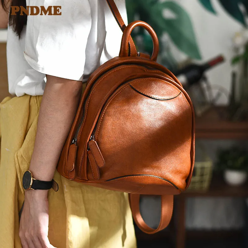 PNDME fashion luxury natural genuine leather ladies backpack casual real cowhide weekend daily women's bagpack small bookbag