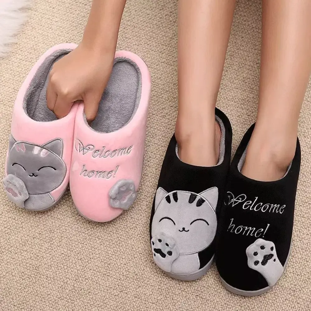 

Women Home Slippers Unisex Cartoon Cat Shoes Non-slip Soft Winter Warm House Slippers Indoor Bedroom Couples Floor Shoe