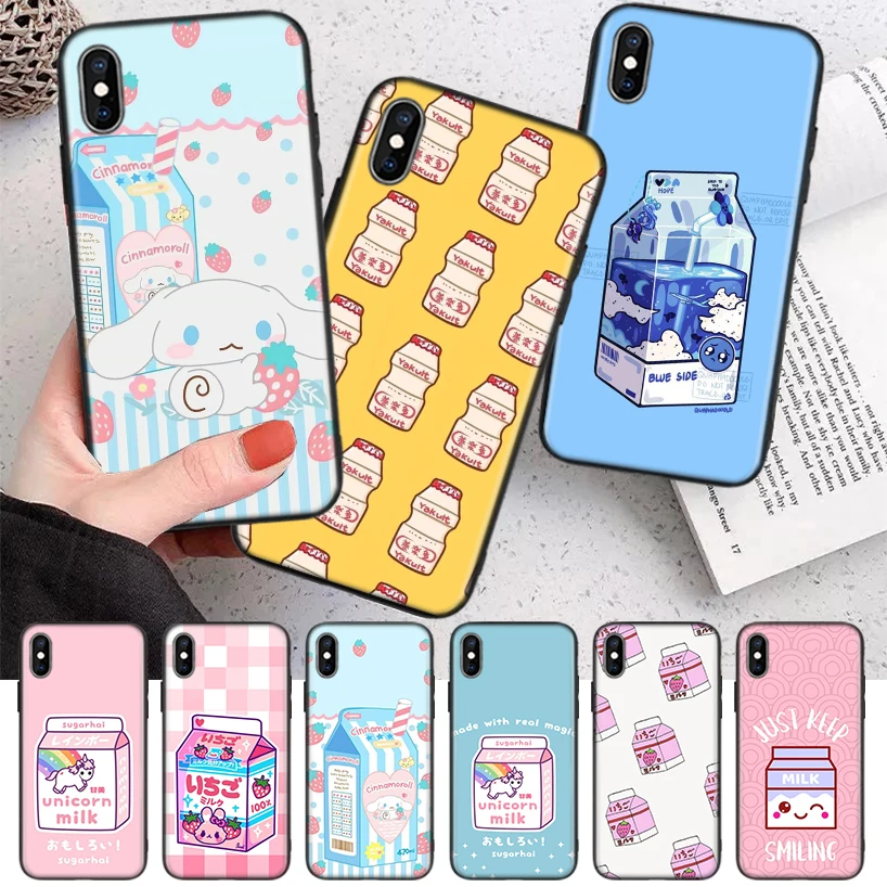 

Kawaii Japanese Strawberry Milk Box Silicone Case Coque For iPhone 11 Pro Max 12 Mini 13 X XS XR 7 8 6 6S Plus 5 SE Phone Shell