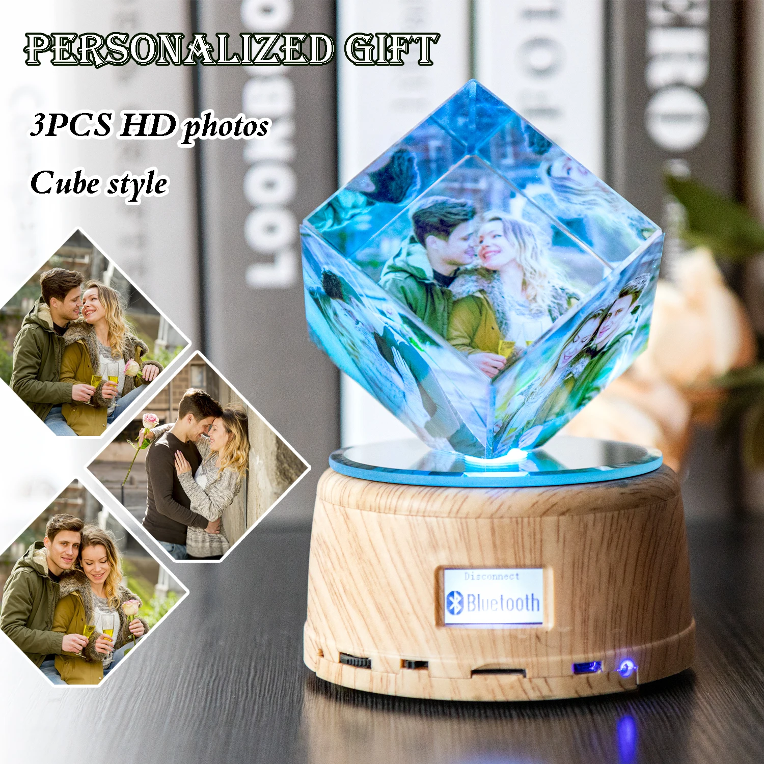 Personalized 3 Photos Cube Crystal Lamp LED Bluetooth Music Photos Album Light Gift for Anniversary Birthday Valentine's Day