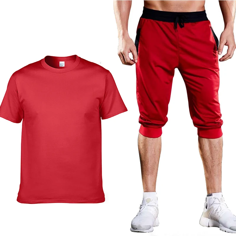 

Unisex Casual Summer Mens T-Shirt Sets Fashion Cotton Short sleeve Round Neck Men's T-shirt+pants 2 piece suit