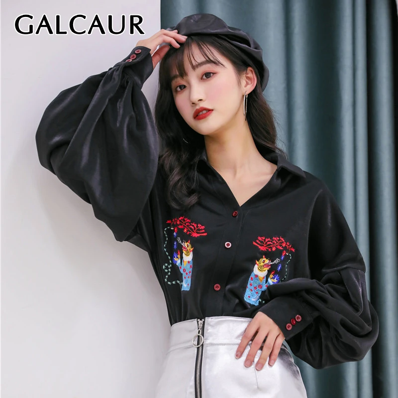 GALCAUR Корейская Лоскутная велюровая рубашка для женщин с отворотом и рукавами