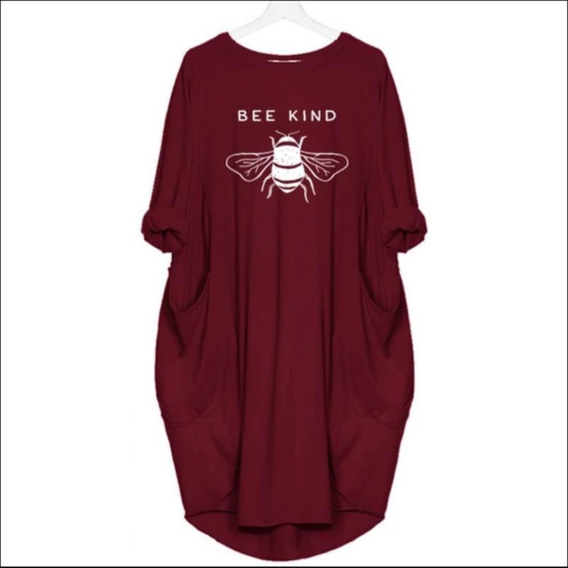 Women's Midi Dress Long Sleeve T Shirt Dresses Bee Kind Print Loose Pocket Casual Vintage Vestidos Robe Femme Autumn