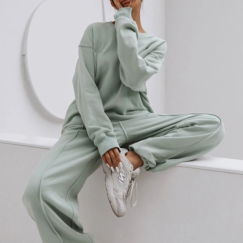 

Women Fashion 2 Piece Suit Autumn O Neck Long Sleeve Hoolide + Pocket Long Casual Loose Pants Jogger Sportswear Outfit Solid Set