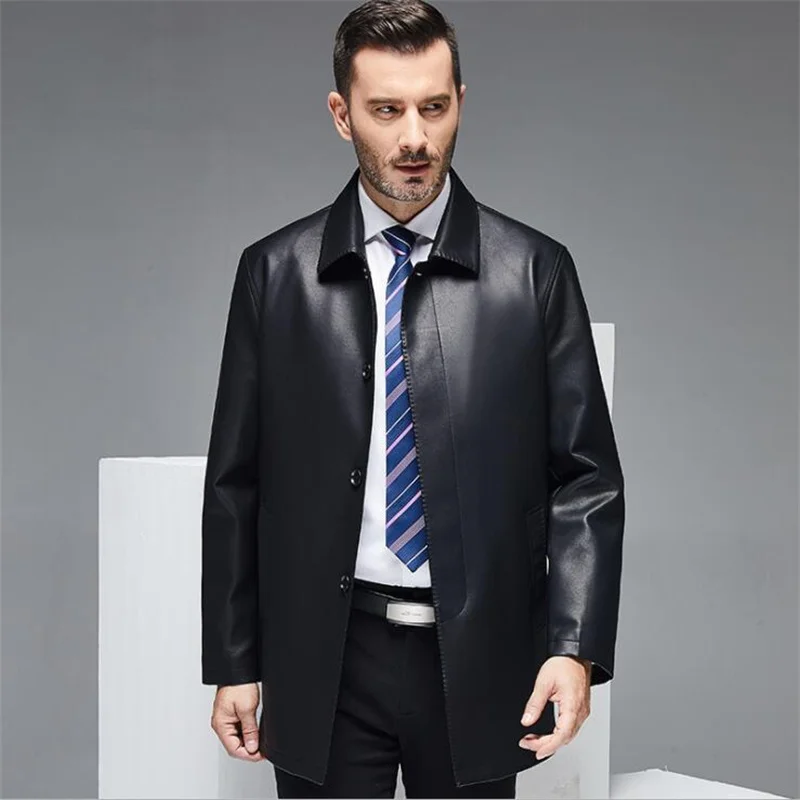 Men's leather jacket spring autumn thin middle-aged leather coats spring lapel business casual dad loose single-breasted clothes