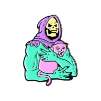 simple creative green skin skull brooches cartoon skeleton hug a cat personality man holding paint brooch badge wholesale