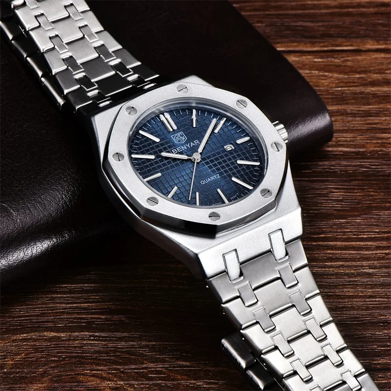 BENYAR Fashion Mens Quartz Watch Japan Miyota Movt Stainless Steel Luminous Waterproof Mens Sports Wrist Watch Relogio Masculino