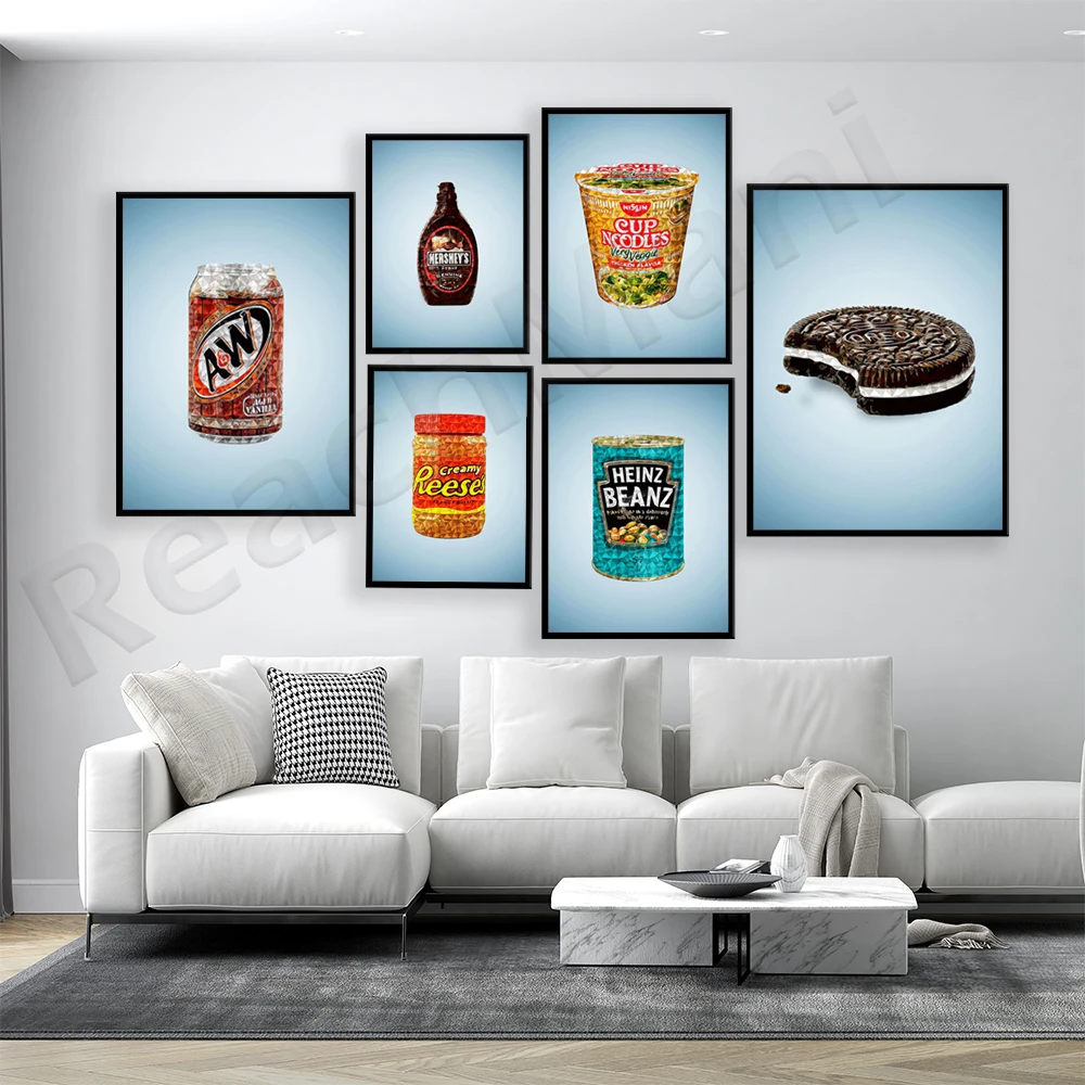 

Root beer, noodles, peanut butter, chocolate, chips, cookies modern kitchen decor food poster canvas painting wall art print