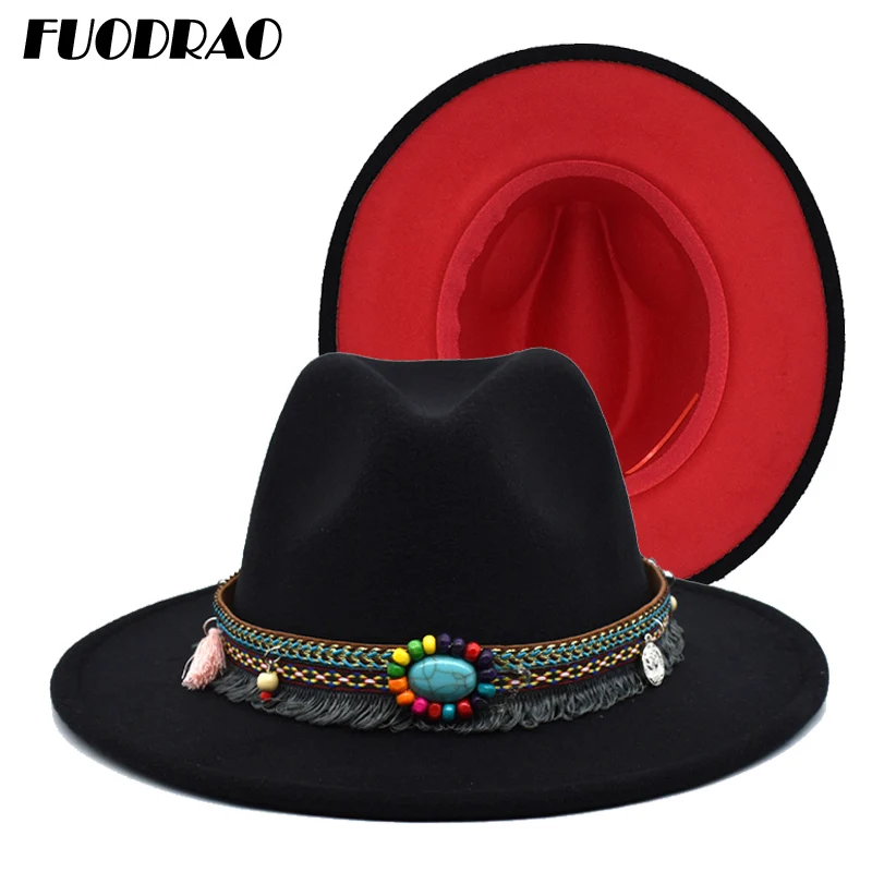 

FUODRAO New Fashion Double Color Wool Fedora For Women Panama Gamble Wide Brim Jazz Cap British Classic Cowboy Hat F48