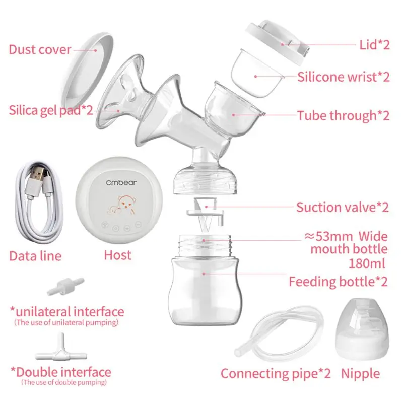 

Electric Double Breast Pump Kit with 2 Milk Bottles USB Powerful Breast Massager Milk Extractor