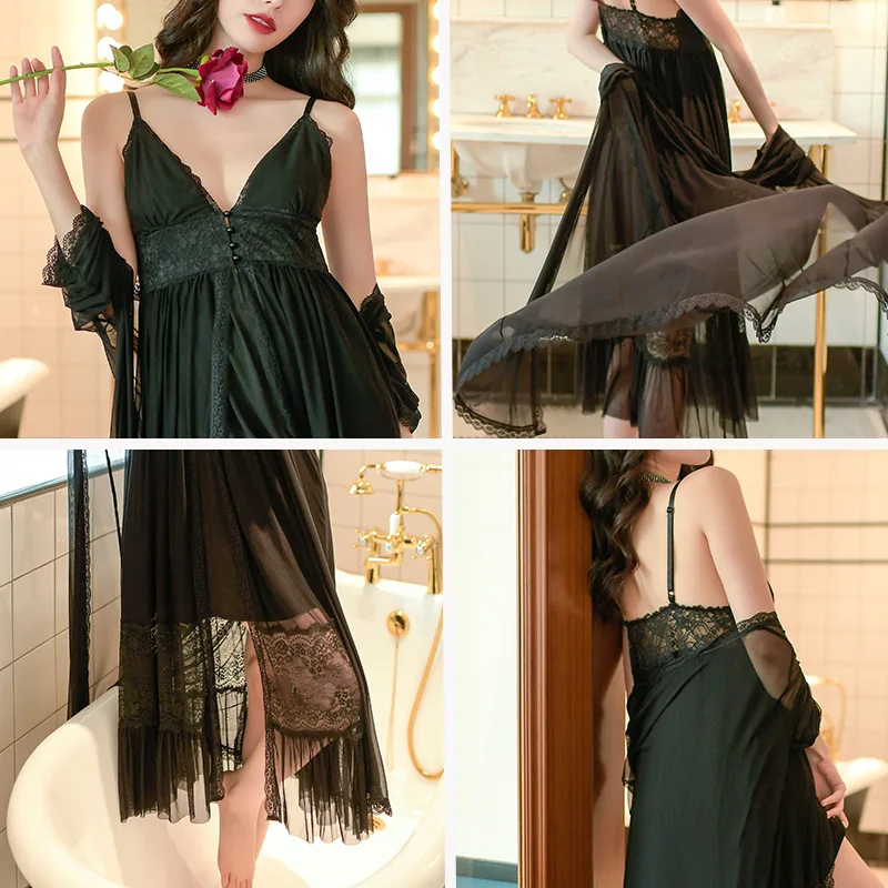 

Sexy Robes for Women 2021 Spring/Summer Modal French Court Style Lace Long-Sleeved Nightdress with Chest Pad Pajamas 2-Piece Set