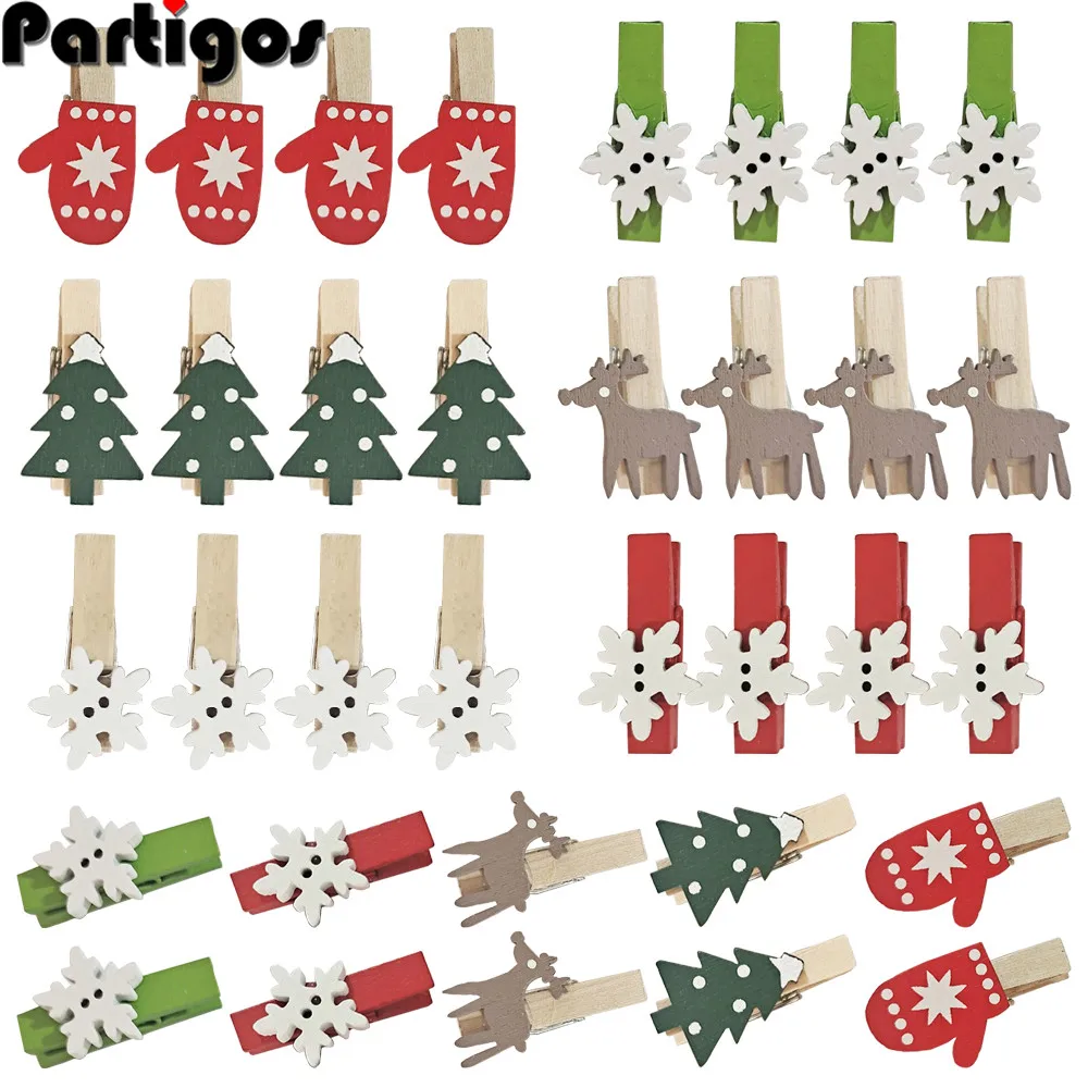 

50PCS Christmas Wooden Clothespins Mini Xmas Tree Snowflake Elk Gloves Photo Clips DIY Photo Pegs Hanging Clips for Party Favors