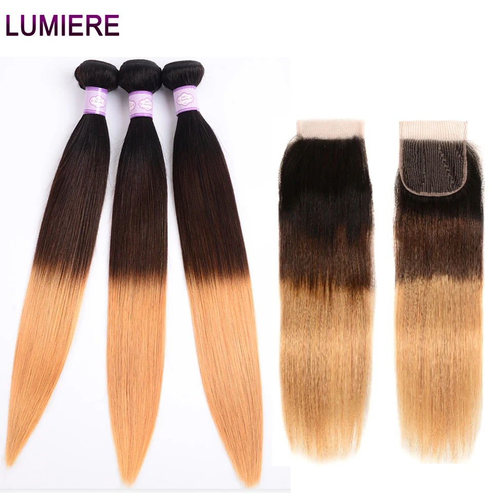 Lumiere волосы перуанские прямые Омбре пряди с закрытием 3 человеческие 4X4 закрытие
