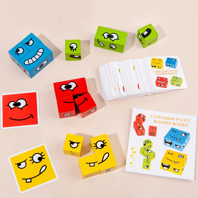

Children Wooden Learning Educational Toys Expression Puzzle Building Blocks Intellectual Training Card Games for Kids Baby