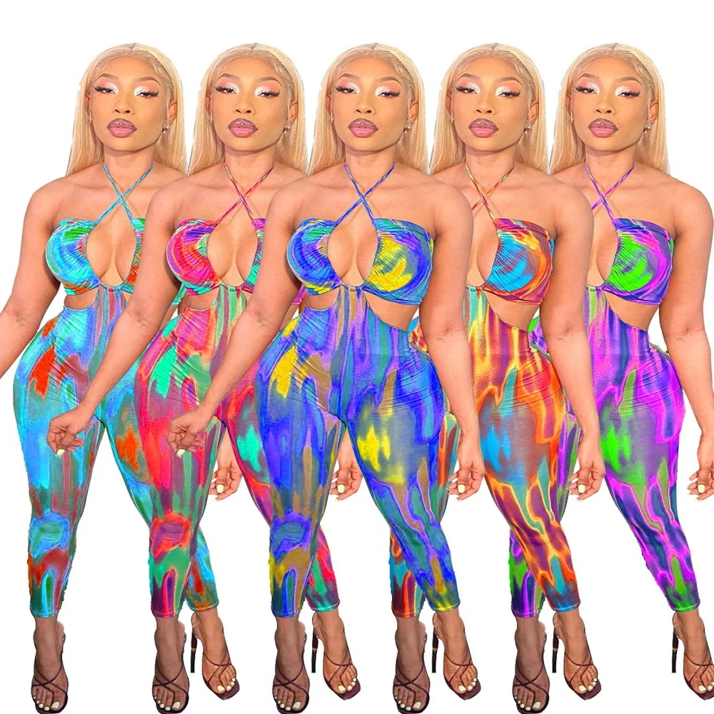 

Graffiti Tie Dyeing Print Sexy Skinny Rompers Woman Spaghetti Strap Open Back Party Outfit Summer Hollow Out Fitness Bodysuits