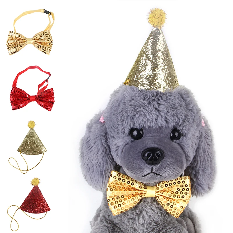 

Pet Dogs Caps With Bowknot Cat Dog Birthday Costume Sequin Design Headwear Hat Tie Valentine's Day Party Pets Decoration Gift