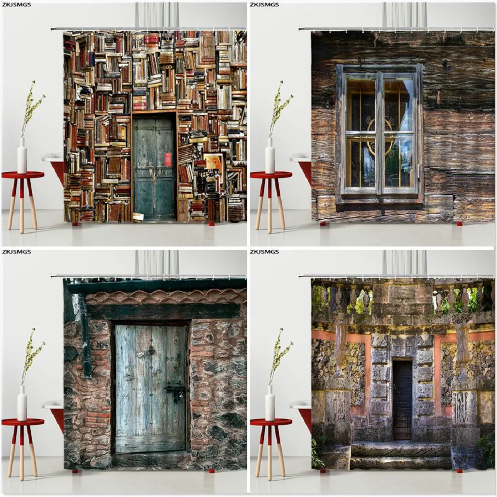 

Ретро деревянная дверь, душевая занавеска, s книжная полка, винтажные старые каменные настенные экраны для ванной, моющаяся занавеска для ва...