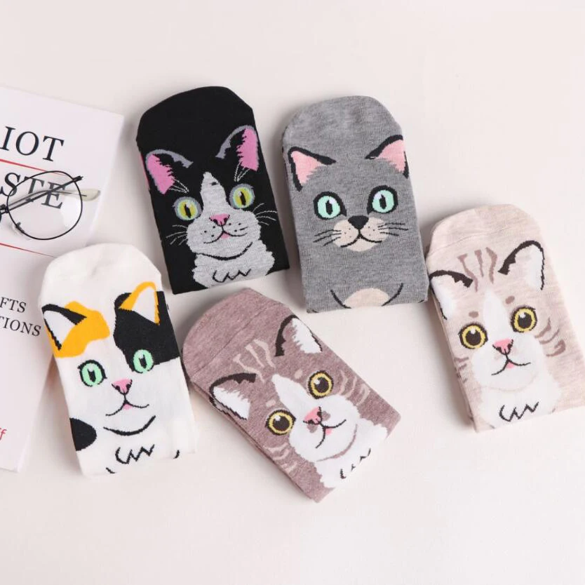 MYORED 5pairs women socks cute funny cat style fashion autumn winter funny socks short ankle sock for girls woman casual dress
