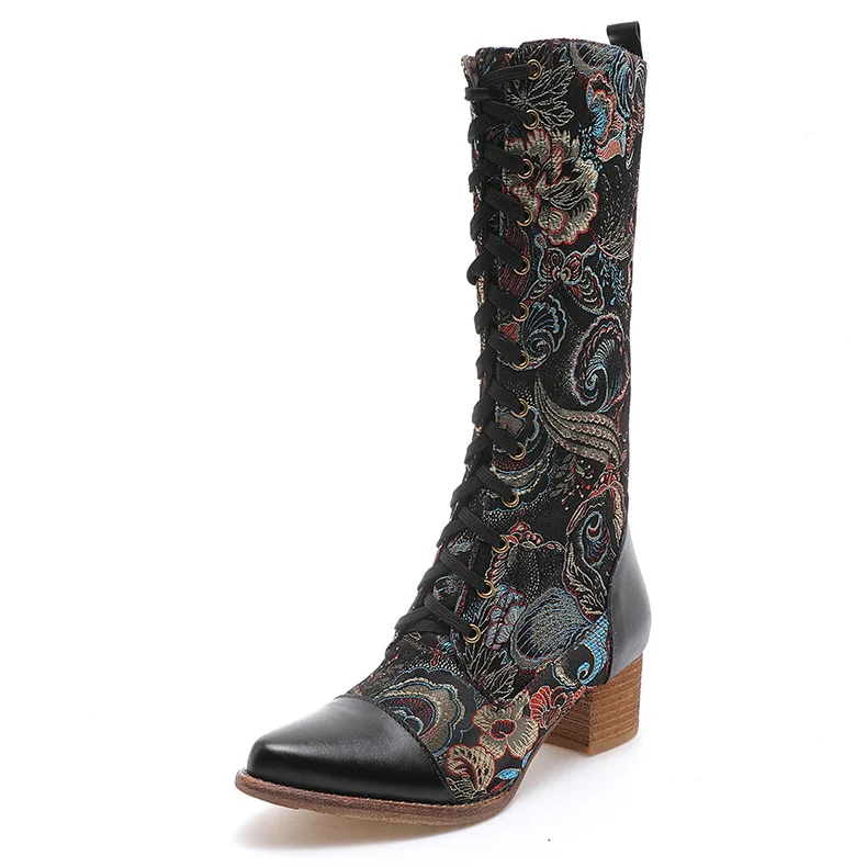 

Fall winter 2020 high boots women's pointed leather lace up middle heel hand painted boots women's Boots